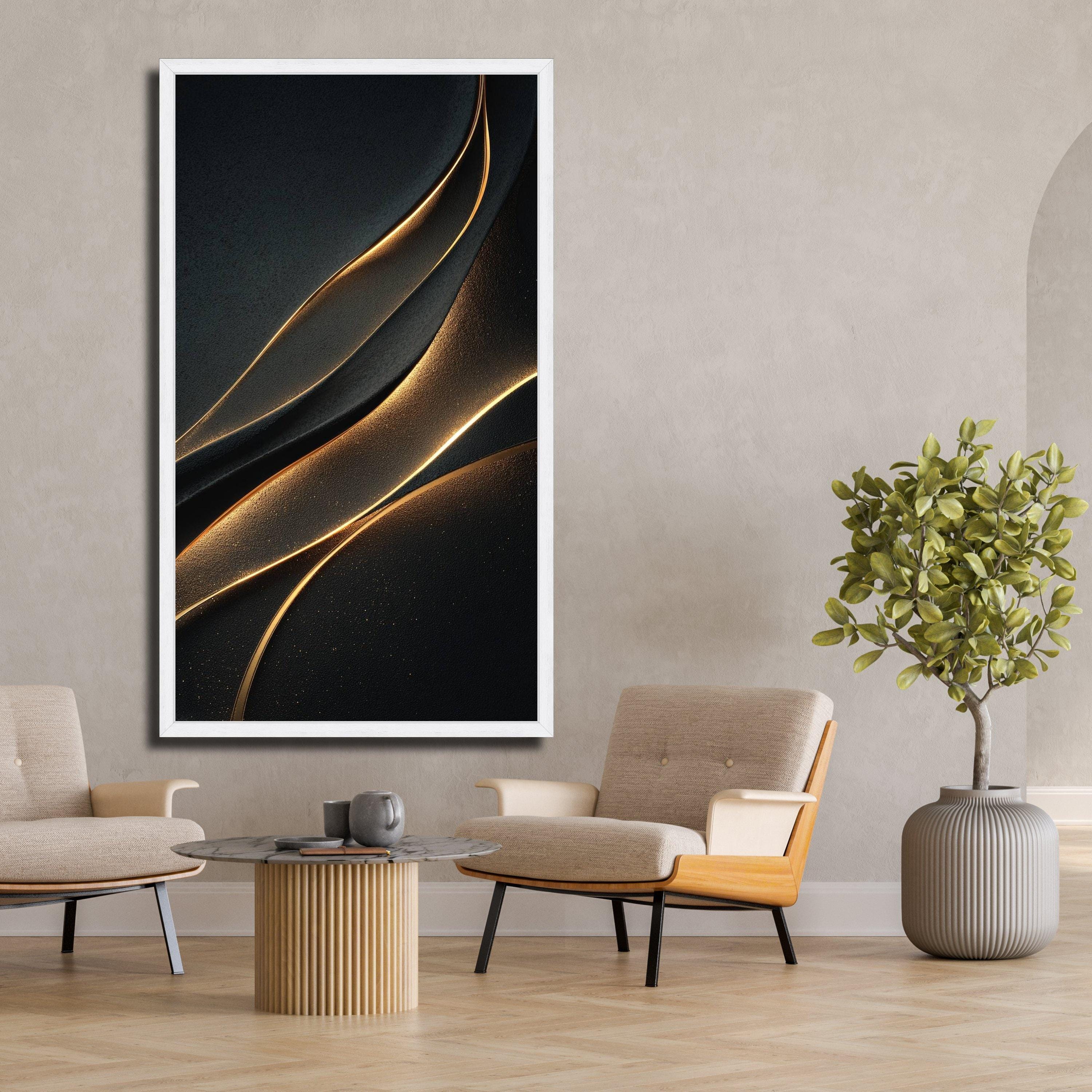 Elegant Black and Gold Abstract Waves Canvas Wall Art, Modern Luxury ...