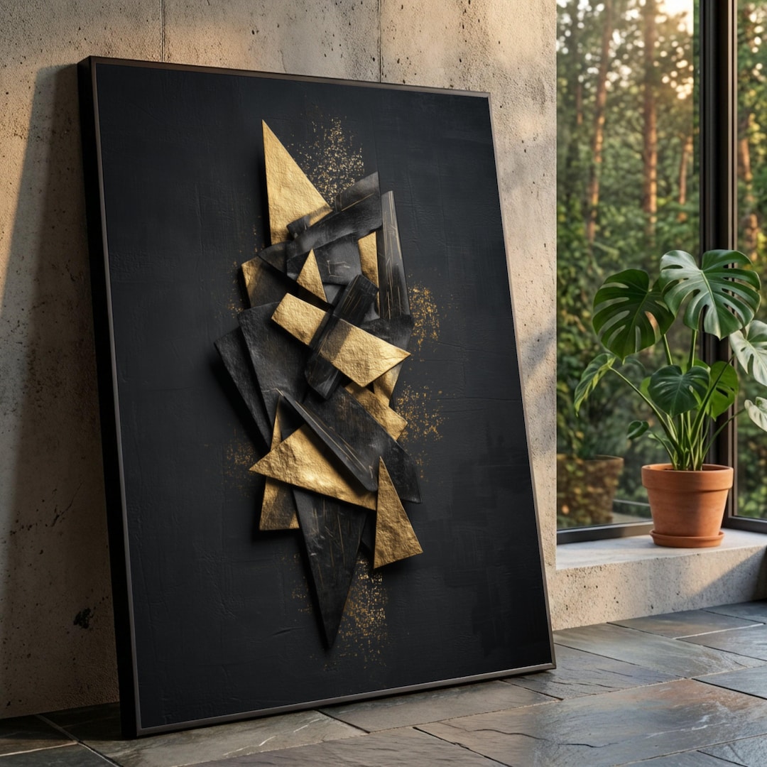Modern Abstract Gold and Black Geometric Canvas Wall Art, Triangular ...