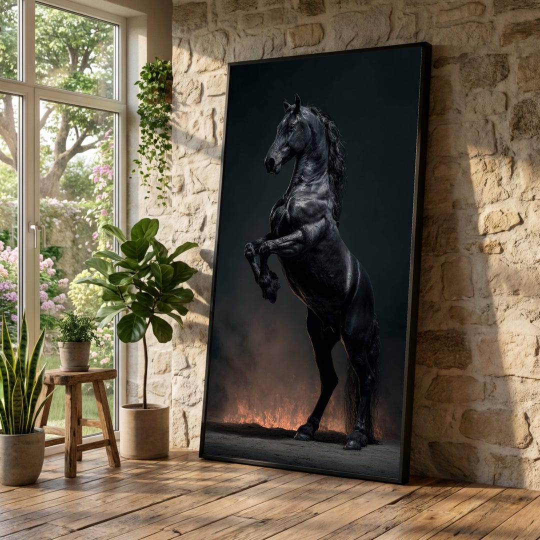 Majestic Black Stallion Canvas, Rearing Horse Wall Art, Dark Equestrian ...