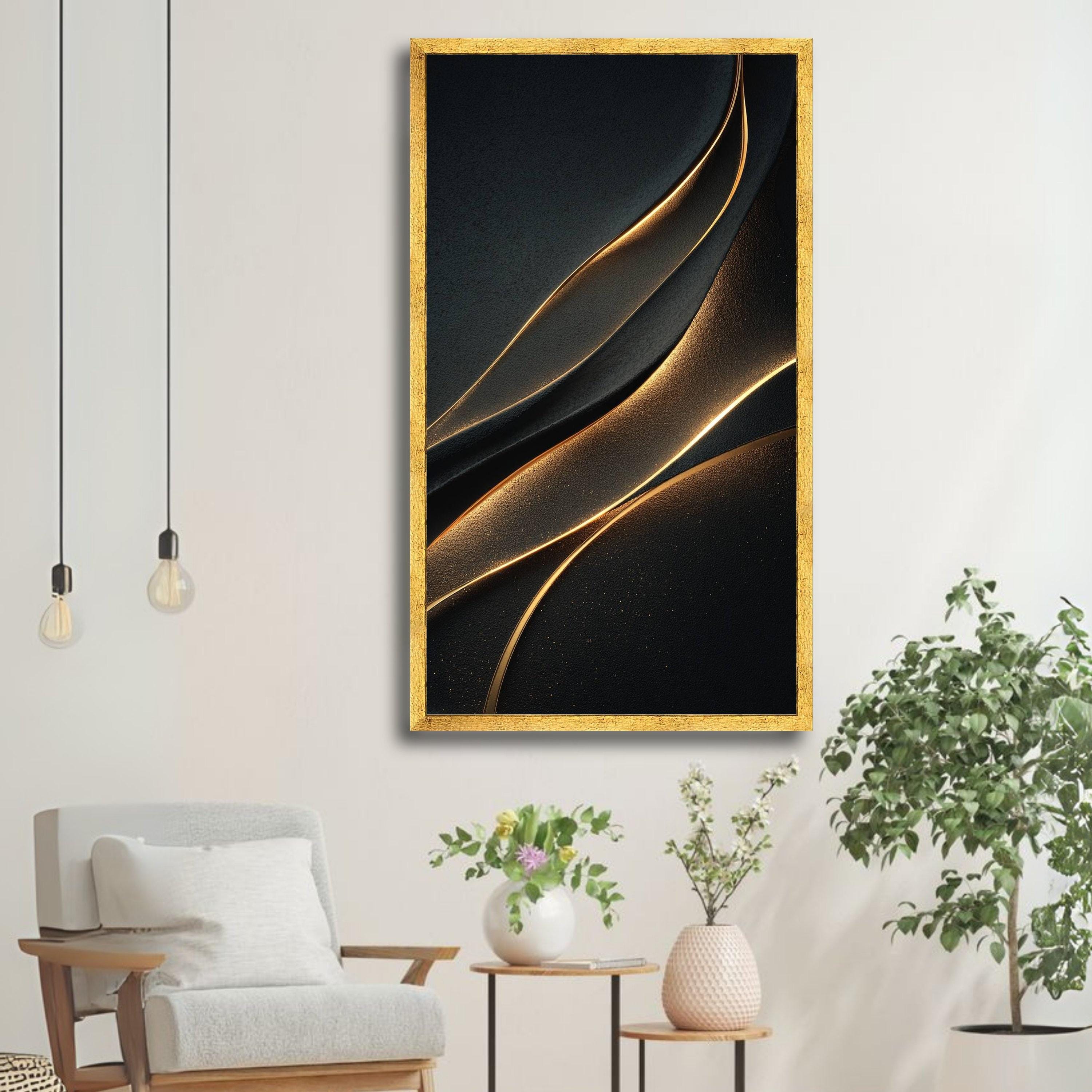 Elegant Black and Gold Abstract Waves Canvas Wall Art, Modern Luxury ...