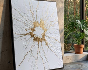 Tela com respingos de ouro radiante, arte de parede abstrata moderna, detalhes em branco e metálico, decoração contemporânea para casa, design elegante em tela.