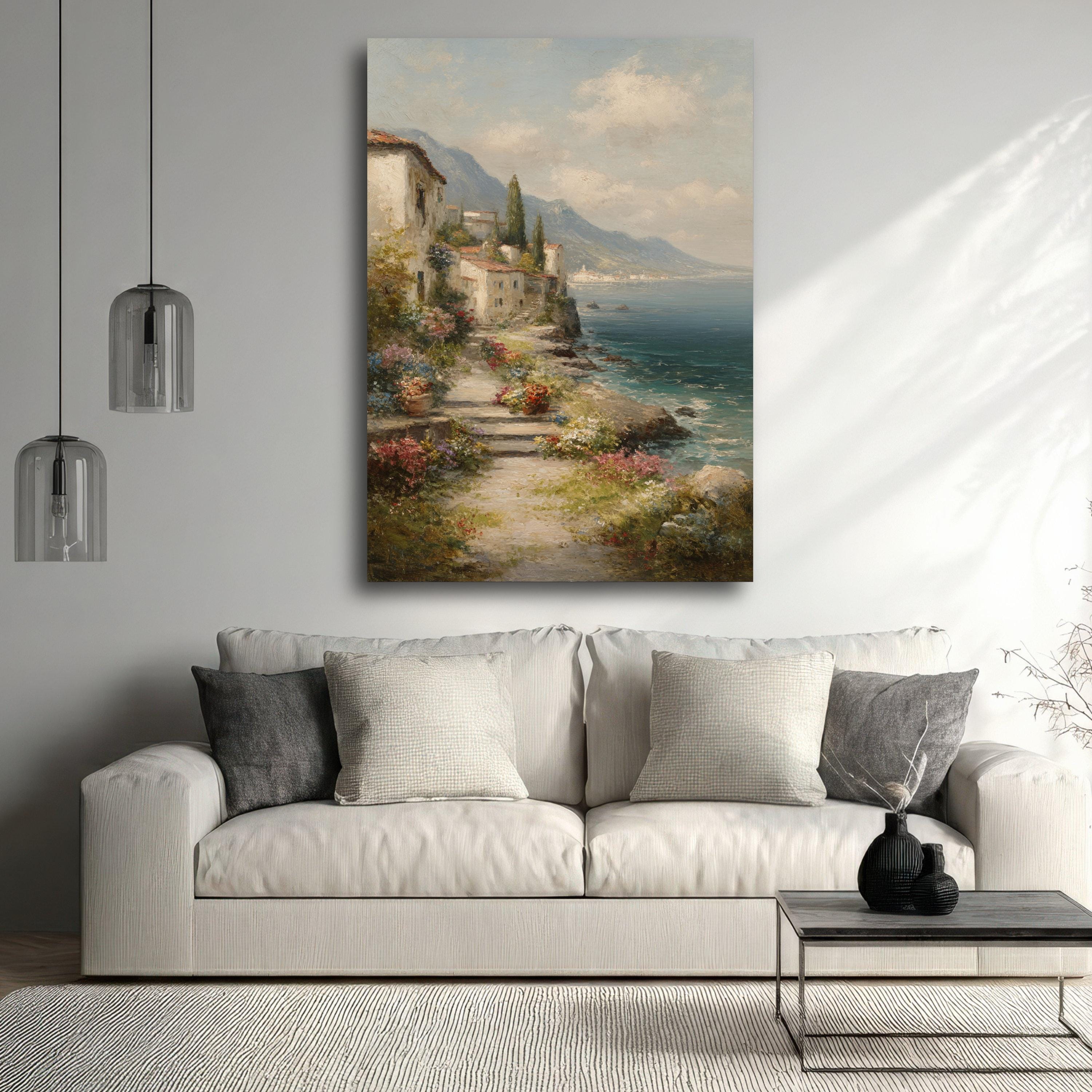 Coastal Village Pathway Canvas, Mediterranean Sea View Wall Art, Rustic ...