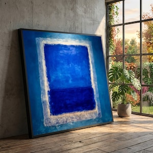 Cuadro abstracto cuadrado azul sobre lienzo, decoración de pared minimalista moderna, pintura geométrica contemporánea, lienzo azul océano profundo, decoración del hogar
