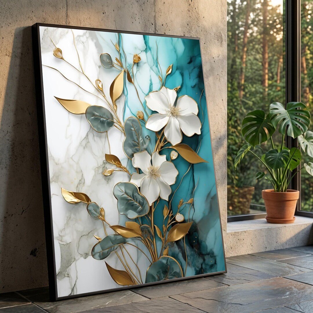 Elegant White Flowers and Gold Leaves Canvas Wall Art, Modern Floral ...