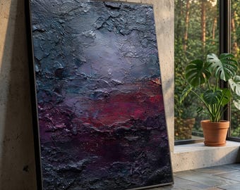 Dark Abstract  Canvas Wall Art, Deep Purple and Black Modern Painting, Impasto Art, Moody Home Decor, Ready to Hang Canvas