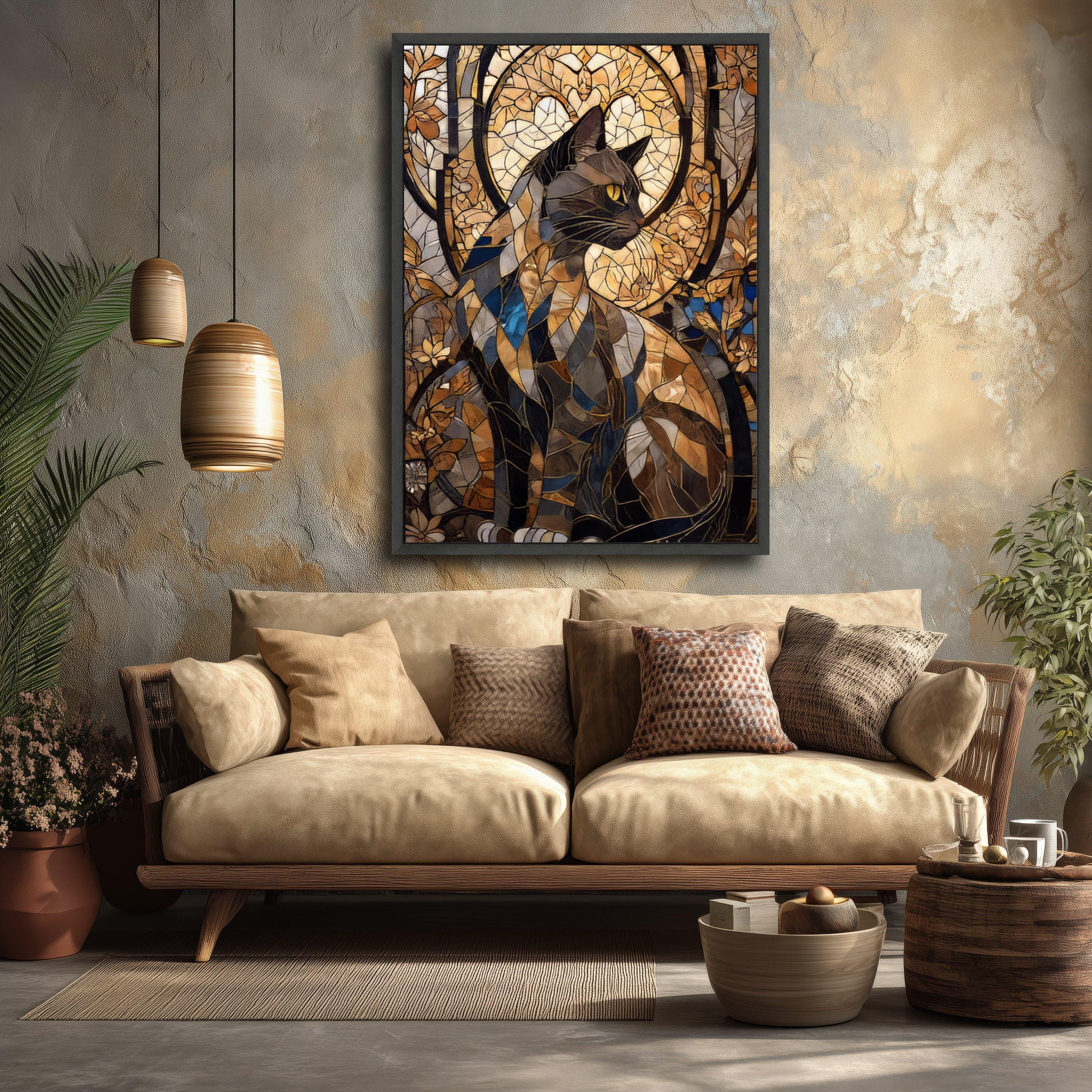 Mosaic Cat Canvas Wall Art, Stained Glass Style Cat Painting, Abstract ...