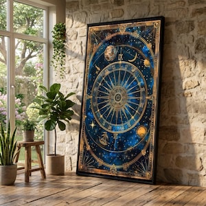 Op de afbeelding: Een ingelijste wandkunstprint met een hemels ontwerp. Het toont een kompasroos, planeten en sterren in blauwe en gouden tinten. Het kunstwerk heeft een vintage esthetiek en wordt tentoongesteld tegen een bakstenen muur.