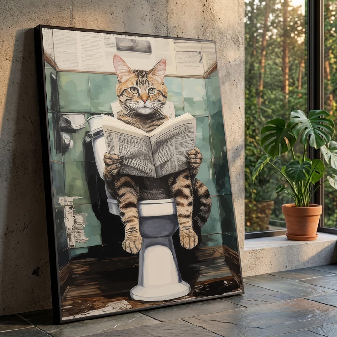 Humorous Cat Reading Newspaper on Toilet Canvas, Funny Animal Wall Art ...
