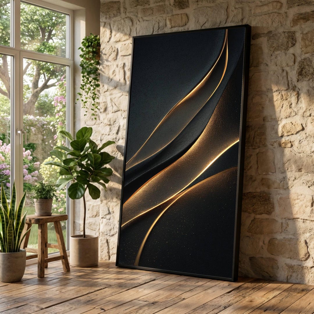 Elegant Black and Gold Abstract Waves Canvas Wall Art, Modern Luxury ...