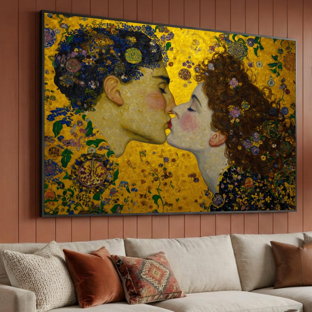 Romantic Couple Kissing Canvas Wall Art, Gustav Klimt Style Painting ...