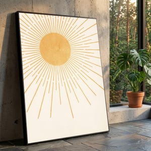 Golden Sunburst Canvas Wall Art, Modern Radiant Sun Design, Minimalist Abstract Canvas, Boho Chic Home Decoration, Ready to Hang Wall Art