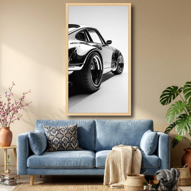 Classic Car Canvas Art, Black and White Sports Car, Automotive Wall Art, Modern Canvas Design, Ready to Hang Decoration image 6