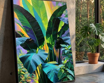 David Hockney Tropical Banana Leaves Canvas, Vibrant Jungle Greenery Wall Art, Colorful Exotic Plants Decoration, Botanical Canvas for Home