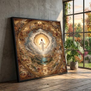 May include: A framed religious artwork depicting a central figure in white robes, radiating light, surrounded by a circular scene with numerous figures. The artwork is set against a backdrop of clouds and a landscape.