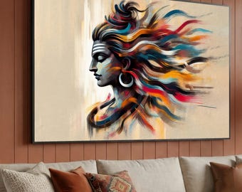 Abstrakte Shiva Portrait Wandkunst, Hinduistische Gottheit Malerei, spirituelle Wohnkultur, bunte moderne Kunst, fertig zum Aufhängen der Leinwand