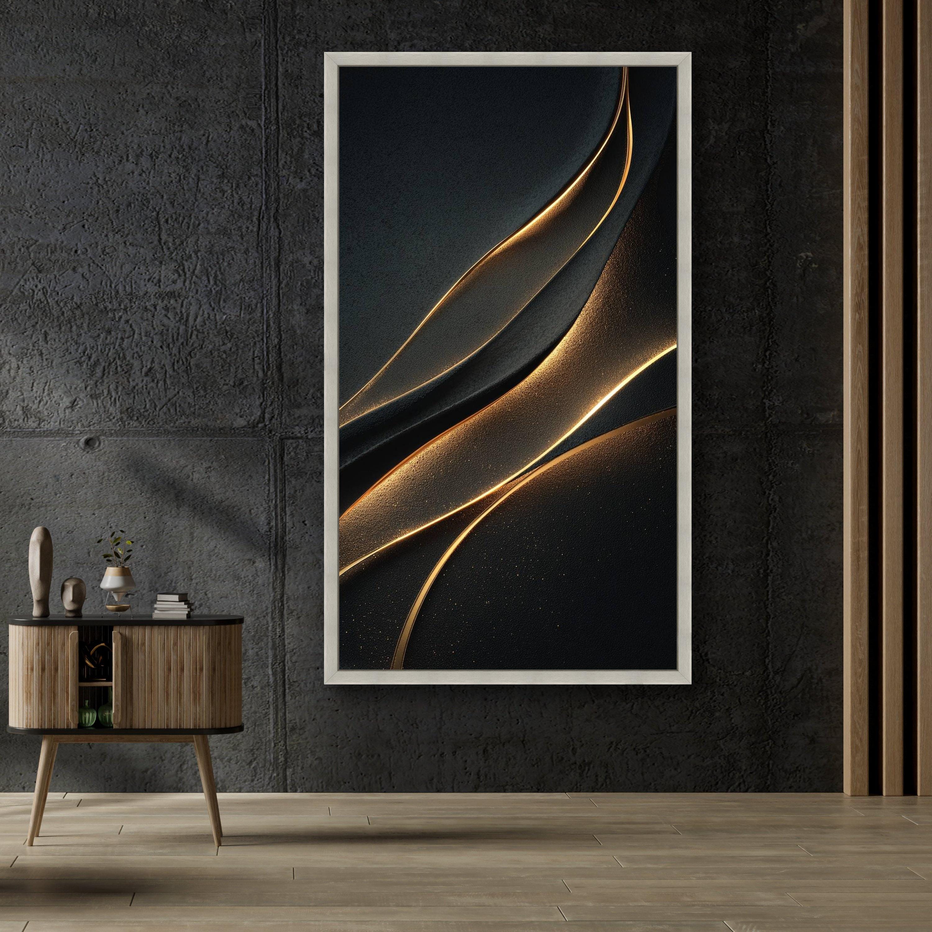 Elegant Black and Gold Abstract Waves Canvas Wall Art, Modern Luxury ...