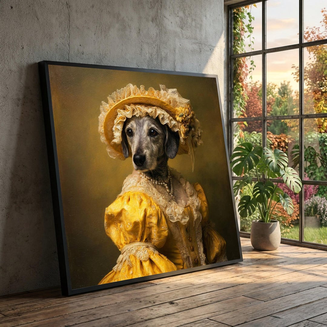 Vintage Dog Portrait Canvas, Victorian Style Canine Art, Yellow Dress ...