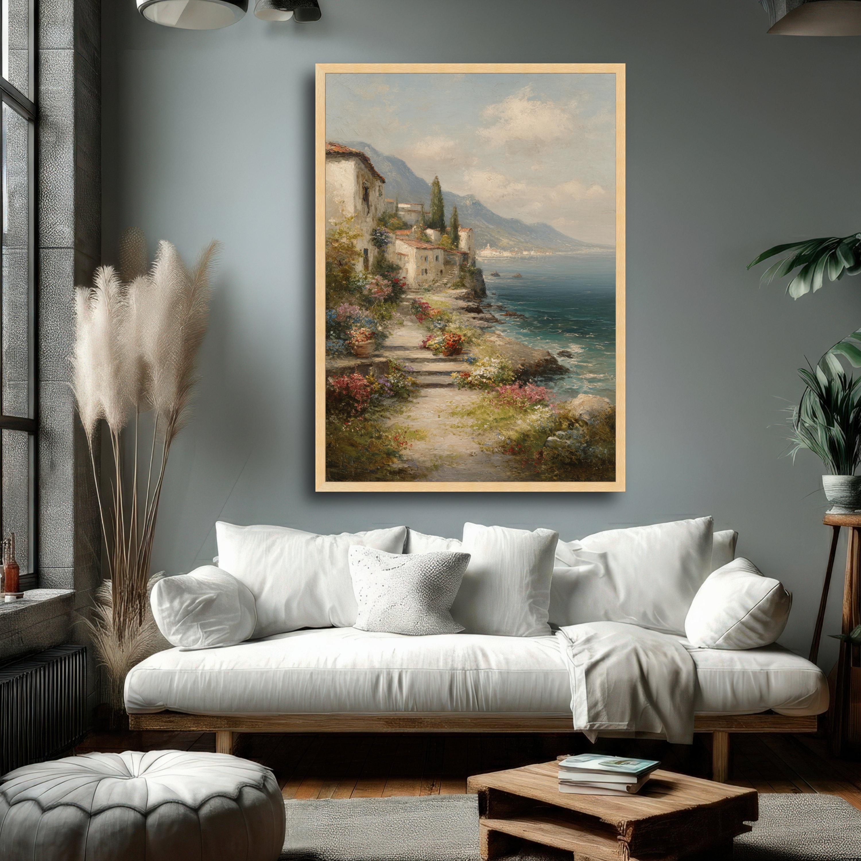 Coastal Village Pathway Canvas, Mediterranean Sea View Wall Art, Rustic ...