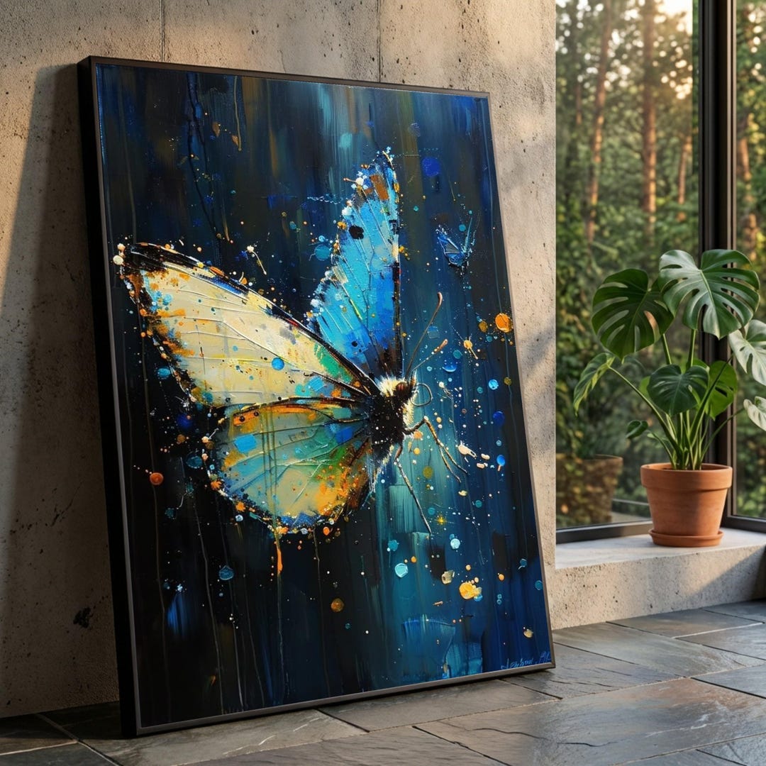 Vibrant Blue Butterfly Canvas Wall Art, Abstract Nature Painting ...