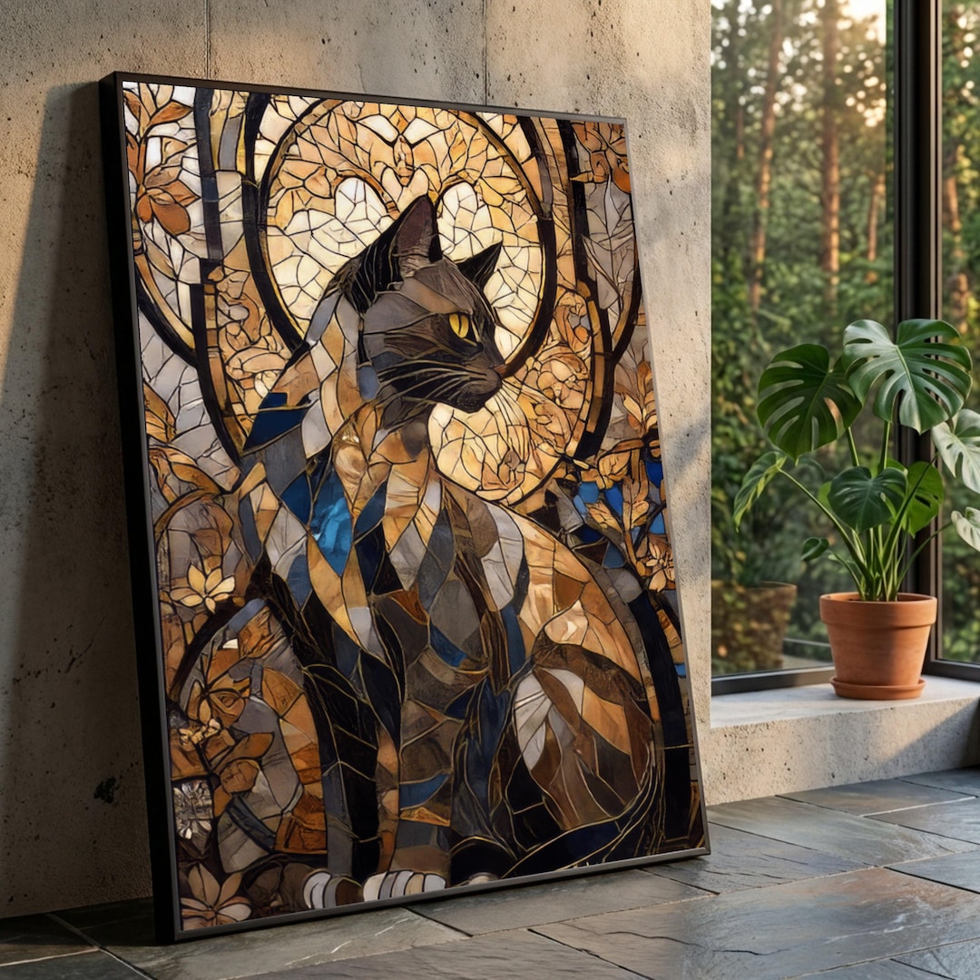 Mosaic Cat Canvas Wall Art, Stained Glass Style Cat Painting, Abstract ...