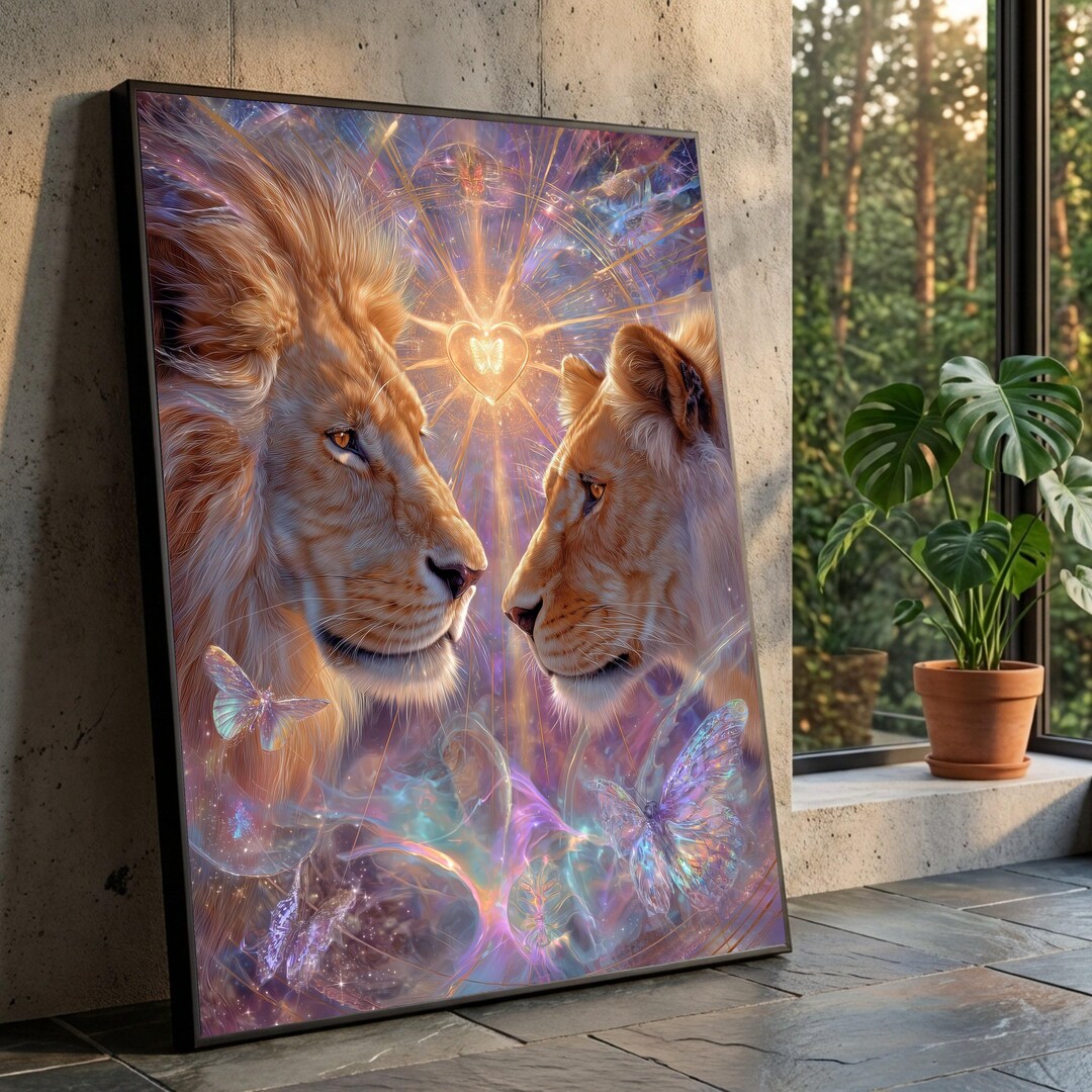 Regal Lion and Lioness Canvas Wall Art, Mystical Butterflies, Heart of ...