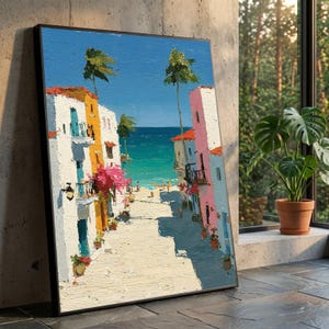 David Hockney Stil Küstendorf Leinwand, Mediterrane Straßenszene Wandkunst, Landschaft am Meer, Bunte Gebäude und Blick aufs Meer
