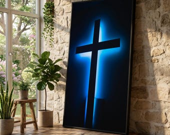 Illuminated Cross Canvas Wall Art, Blue Glow Religious Decor, Spiritual Christian Symbol Canvas, Modern Faith Wall Art, Home Decoration