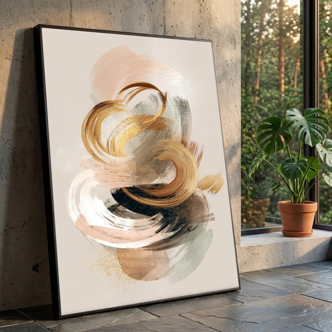 Abstract Gold Swirls Canvas Wall Art, Modern Neutral Tones Painting ...
