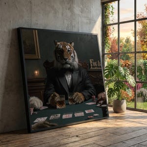 Elegante retrato de tigre, lienzo con escena de partida de póker, arte de rostro animal, sofisticada decoración de pared de vida silvestre, estilo vintage oscuro, decoración del hogar