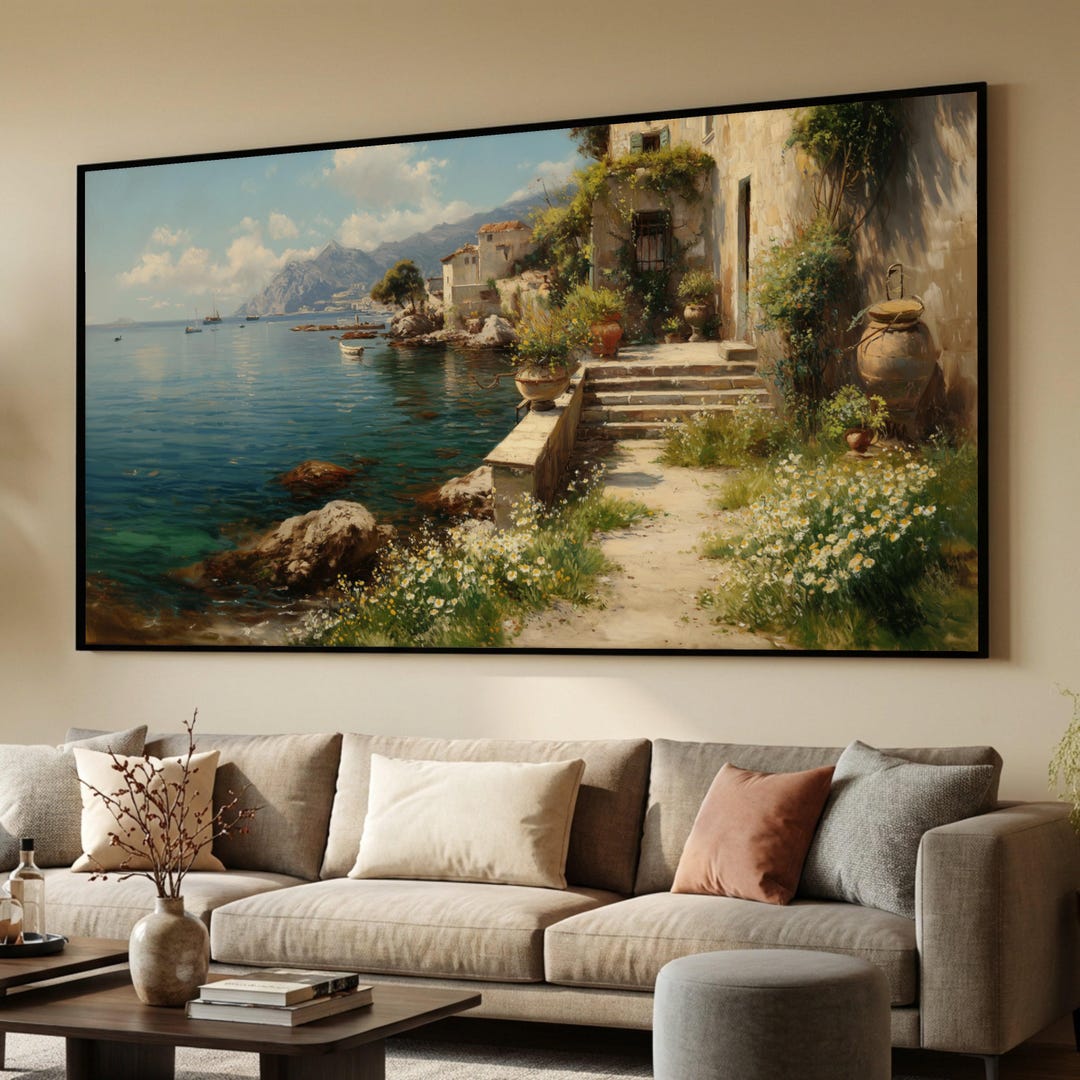 Mediterranean Seaside Village Canvas, Coastal Landscape Wall Art ...