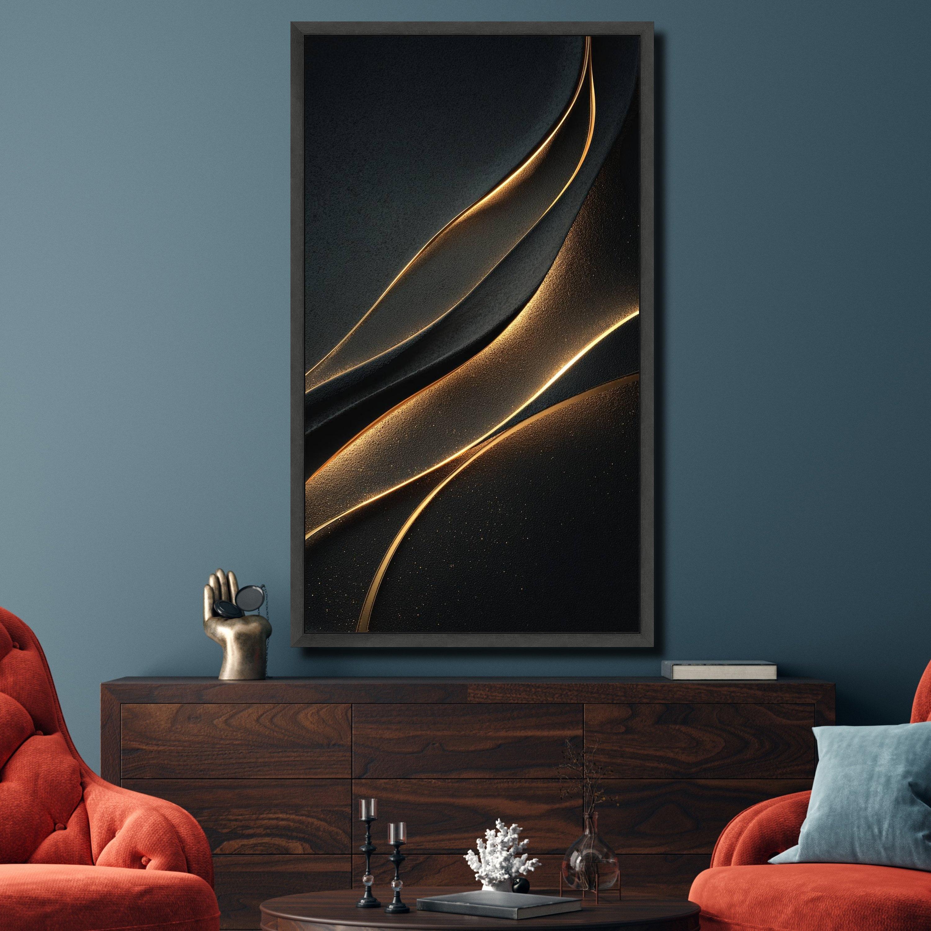 Elegant Black and Gold Abstract Waves Canvas Wall Art, Modern Luxury ...
