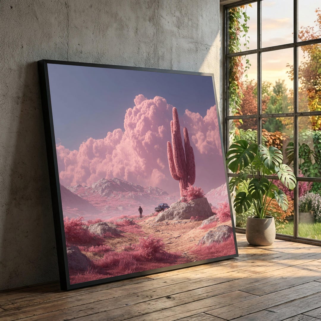 Surreal Pink Desert Landscape Canvas, Cactus Wall Art, Dreamy Nature ...