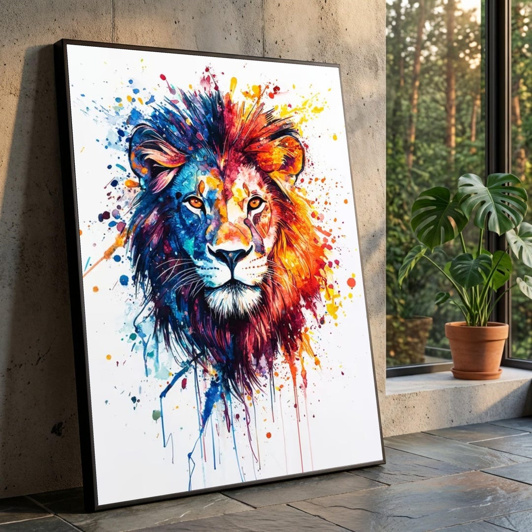 Vibrant Lion Portrait Canvas, Colorful Animal Wall Art, Abstract ...