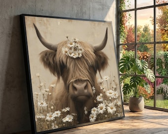 Highland Cow Canvas Wall Art, Rustic Farmhouse Decor, Daisy Flower Crown, Animal Portrait Painting, Cozy Country Canvas, Nature Wall