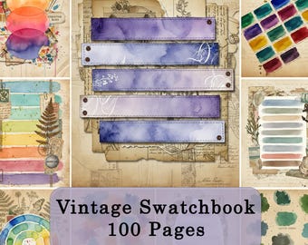 Pagine di diario vintage con campionario di colori – 100 carte per tavolozza di colori ad acquerello – 3584x5376 JPG, kit stampabile a 300 DPI