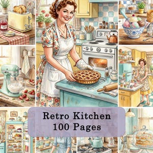 May include: A watercolor illustration of a retro kitchen scene. The image features a woman in a floral dress and apron holding a pie. Other elements include a toaster, mixer, ice cream, and a refrigerator. The text "Retro Kitchen 100 Pages" is displayed.