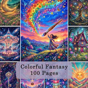Puede incluir: Una colección de coloridas impresiones de arte de fantasía. Las imágenes incluyen una mujer pintando un arcoíris, un carrusel, una casa, una llave, un sol y tazas de té. El texto en la imagen dice "Colorful Fantasy 100 Pages."