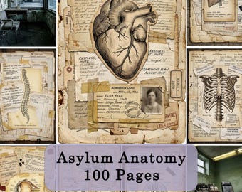 Kit per diario creativo a tema manicomio, pagine di anatomia gotica, materiale medico vintage, 100 file JPG stampabili.