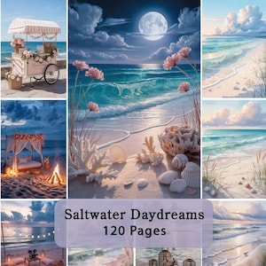 May include: A collage of beach scenes with a soft, pastel color palette. The images include a flower cart, ocean waves under a full moon, a beach with seashells, and a beachside seating area. The text "Saltwater Daydreams 120 Pages" is displayed.