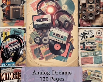 Op de afbeelding: Een collage van vintage muziekitems, waaronder cassettes, vinylplaten, koptelefoons en versterkers. De afbeelding bevat de tekst "Analog Dreams 120 Pages" en diverse festivalposters. Het kleurenpalet is warm en nostalgisch.