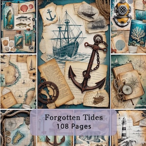 May include: A collage of nautical-themed illustrations and ephemera. Includes a ship, anchor, compass, maps, and marine life. The text "Forgotten Tides 108 Pages" is visible. The color palette is dominated by blues, browns, and creams, evoking a vintage aesthetic.
