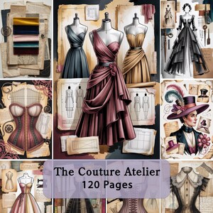 Op de afbeelding: Een boek van 120 pagina's getiteld The Couture Atelier met illustraties van jurken, korsetten en modetekeningen op een achtergrond van verouderd papier. De omslag toont diverse kledingontwerpen, waaronder een mauvekleurige japon.