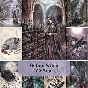 Op de afbeelding: Een boek van 100 pagina's getiteld Gothic Witch met een verzameling illustraties van figuren in donkere gewaden, versierde waaiers, toverdrankflesjes en mystieke artefacten in een gedempt kleurenpalet met gedetailleerde decors.