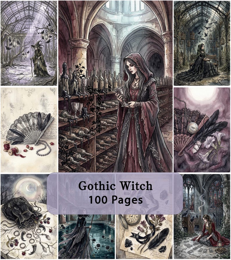 Op de afbeelding: Een boek van 100 pagina's getiteld Gothic Witch met een verzameling illustraties van figuren in donkere gewaden, versierde waaiers, toverdrankflesjes en mystieke artefacten in een gedempt kleurenpalet met gedetailleerde decors.