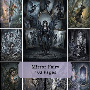 Op de afbeelding: Een verzameling fantasy-illustraties getiteld Mirror Fairy 102 Pages, met diverse sc&egrave;nes van gevleugelde wezens die interageren met sierlijke spiegels in donkere, sfeervolle bos- en steenomgevingen, weergegeven in een gedetailleerde, duistere stijl.