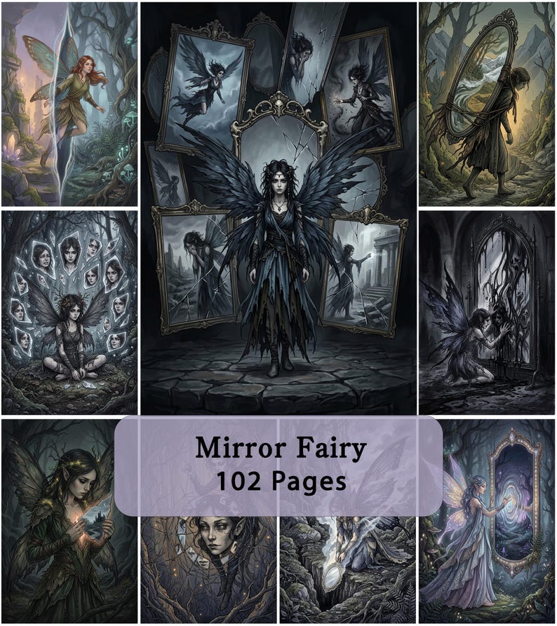 Op de afbeelding: Een verzameling fantasy-illustraties getiteld Mirror Fairy 102 Pages, met diverse sc&egrave;nes van gevleugelde wezens die interageren met sierlijke spiegels in donkere, sfeervolle bos- en steenomgevingen, weergegeven in een gedetailleerde, duistere stijl.