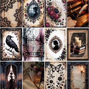 Pu&ograve; includere: Una collezione di stampe artistiche in stile vintage con temi gotici e romantici. Le stampe presentano illustrazioni di corvi, silhouette, rose, farfalle e cornici antiche, con una tavolozza di colori nero, crema e bordeaux.