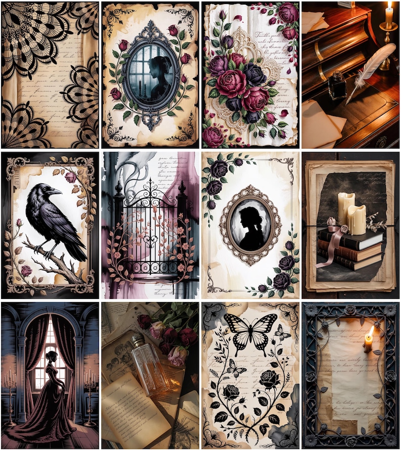 Pu&ograve; includere: Una collezione di stampe artistiche in stile vintage con temi gotici e romantici. Le stampe presentano illustrazioni di corvi, silhouette, rose, farfalle e cornici antiche, con una tavolozza di colori nero, crema e bordeaux.
