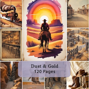 Páginas para diario creativo del Oeste – Kit imprimible vintage de vaqueros con polvo y oro – Paquete de álbum de recortes del Viejo Oeste de 120 páginas