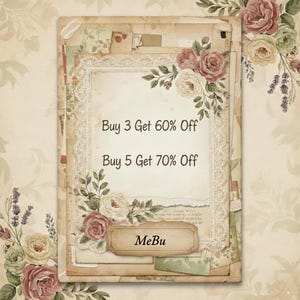 Pu&ograve; includere: Una pila di carta in stile vintage con accenti floreali e in pizzo. Il testo "Buy 3 Get 60% Off" e "Buy 5 Get 70% Off" &egrave; visualizzato. L'immagine presenta rose e la parola "MeBu".